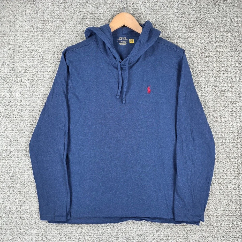 Polo Ralph Lauren Mens Blue Long Sleeve Hooded T Shirt Size Large Red Pony Logo